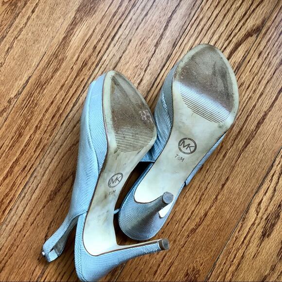 MICHAEL KORS Metallic White Leather York Sling Back Platform Heels Size 7.5 - Picture 6 of 8